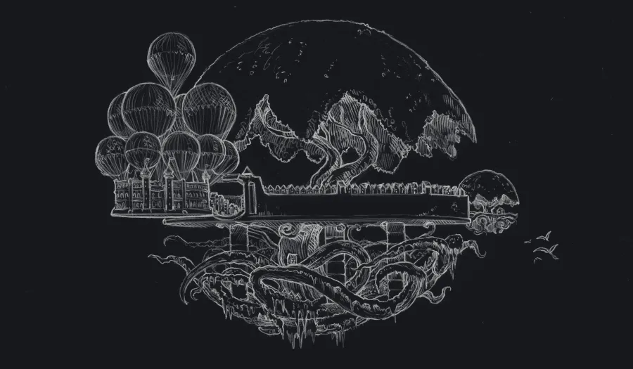 Pencil sketch of 'Komona design with arena' by David Revoy in inverted colors.