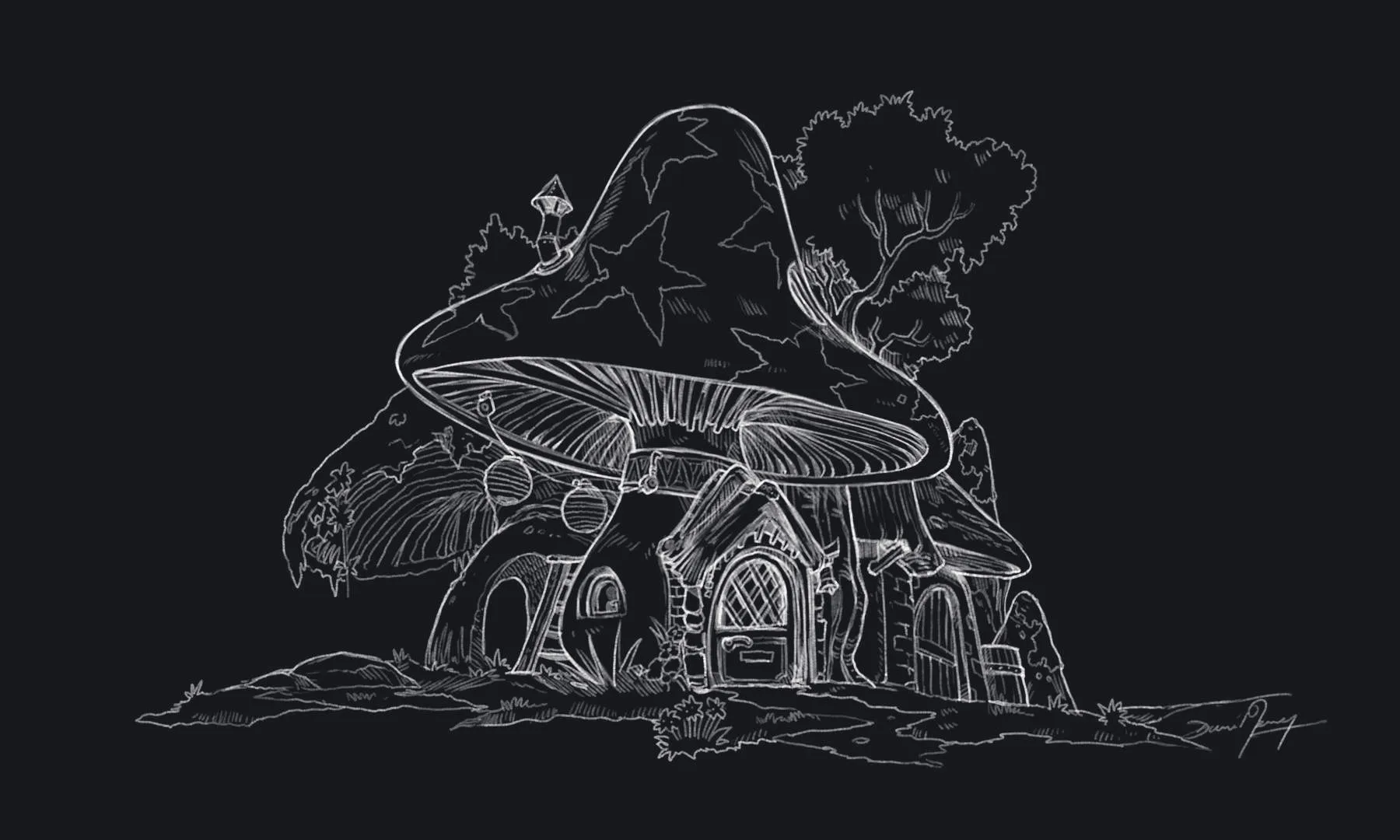 Pencil sketch of 'Mushroom House' by David Revoy, in inverted colors.