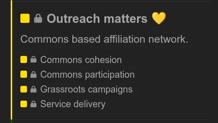 Snapshot of Outreach matters formula, a commons-only section on the Discourse forum, showing the sub-categories Commons cohesion, Commons participation, Grassroots campaigns, and Service delivery as domains to be elaborated.
