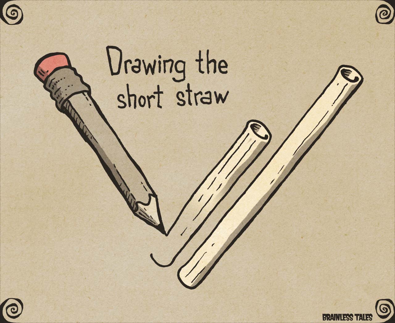 Drawing of the analogy of "drawing the shortest stick" with a pencil that is also part of the drawing itself.