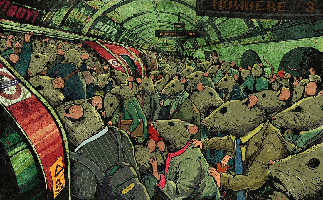 Illustration showing the daily 'rat race' at an overcrowded metro station, people literally replaced by human-sized dressed rats, everyone rushed and hurried trying to catch the metro to Nowhere.