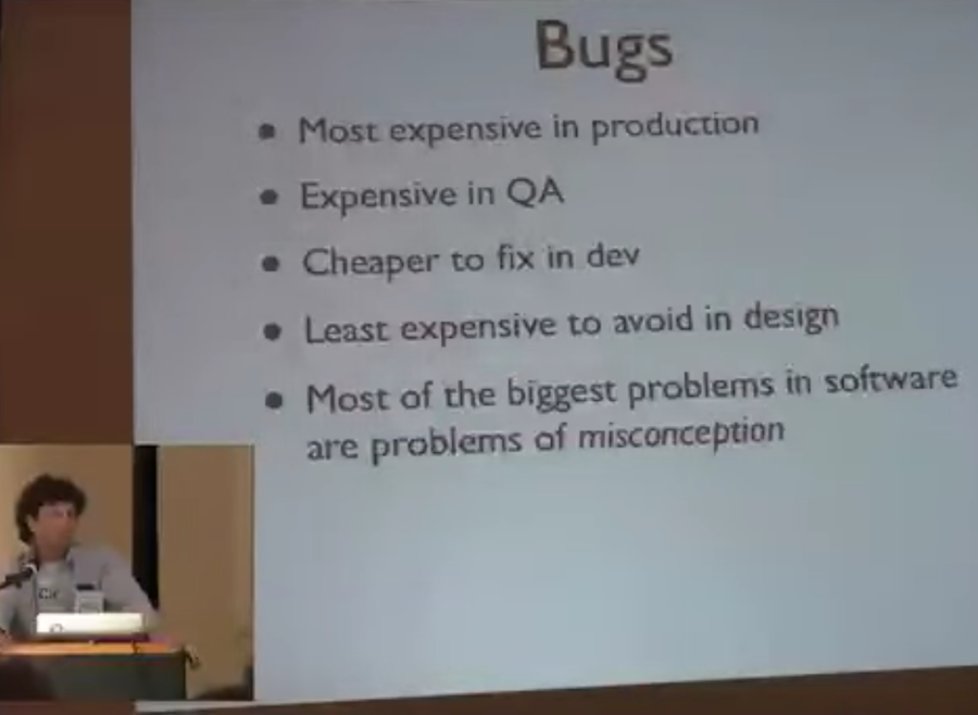 Slide from Rich Hickey's presentation that mentions that "Most of the biggest problems in software are problems of misconception.